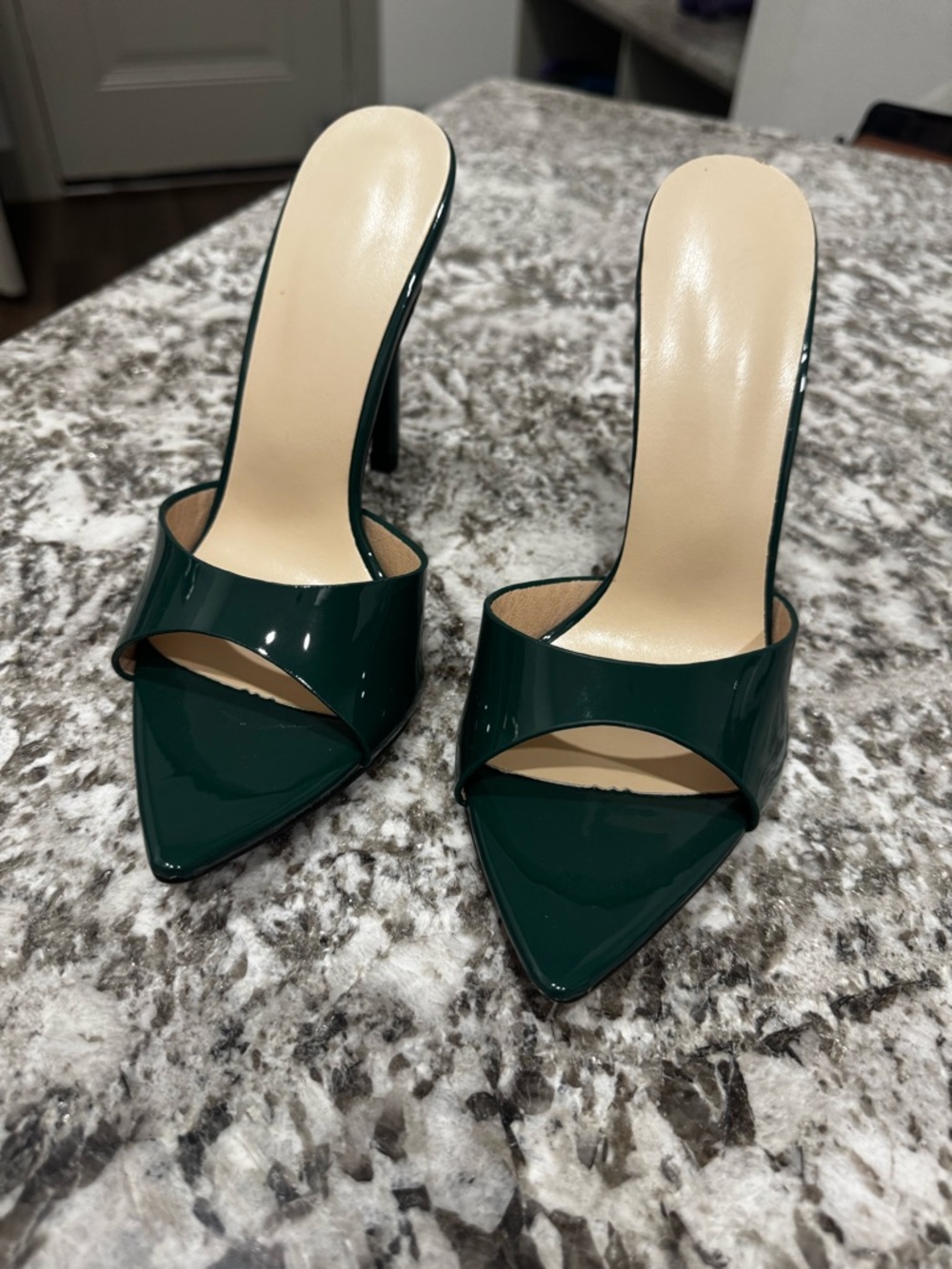 SHEIN Dark Green Patent Pointed Toe Stiletto Mules